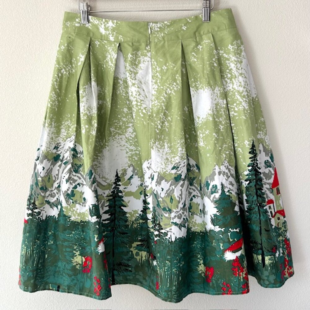 Unique Storybook Snowy Mountain Winter Village Motif A-Line Skirt Cottage Size L - Picture 4 of 5